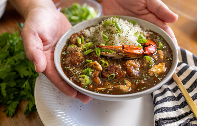 A bowl of gumbo with rice